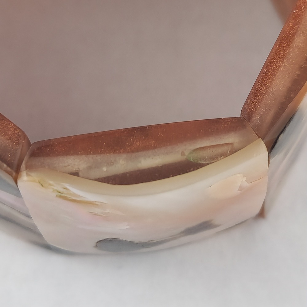 Vintage Mother of Pearl Shell Stretch Cuff Bracelet Iridescent Brown Wide Panel - Picture 9 of 12